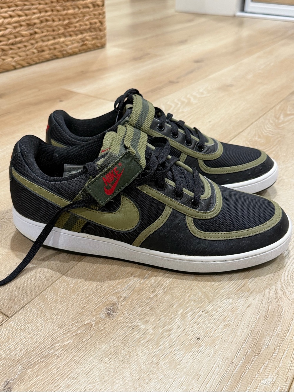 Nike Black and Olive Green Low-Top Sneakers with Red Logo